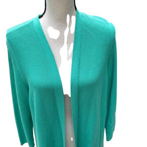 Talbots Women’s Long Cardigan Size L Green Open Front Duster Minimalist Office - Picture 4 of 11